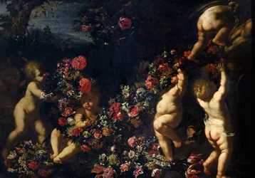 Putti jouant avec des guirlandes de fleurs
